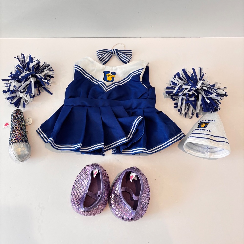 Build A Bear Cheerleader Outfit Blue White Pom Poms Sequin Shoes Set BAB